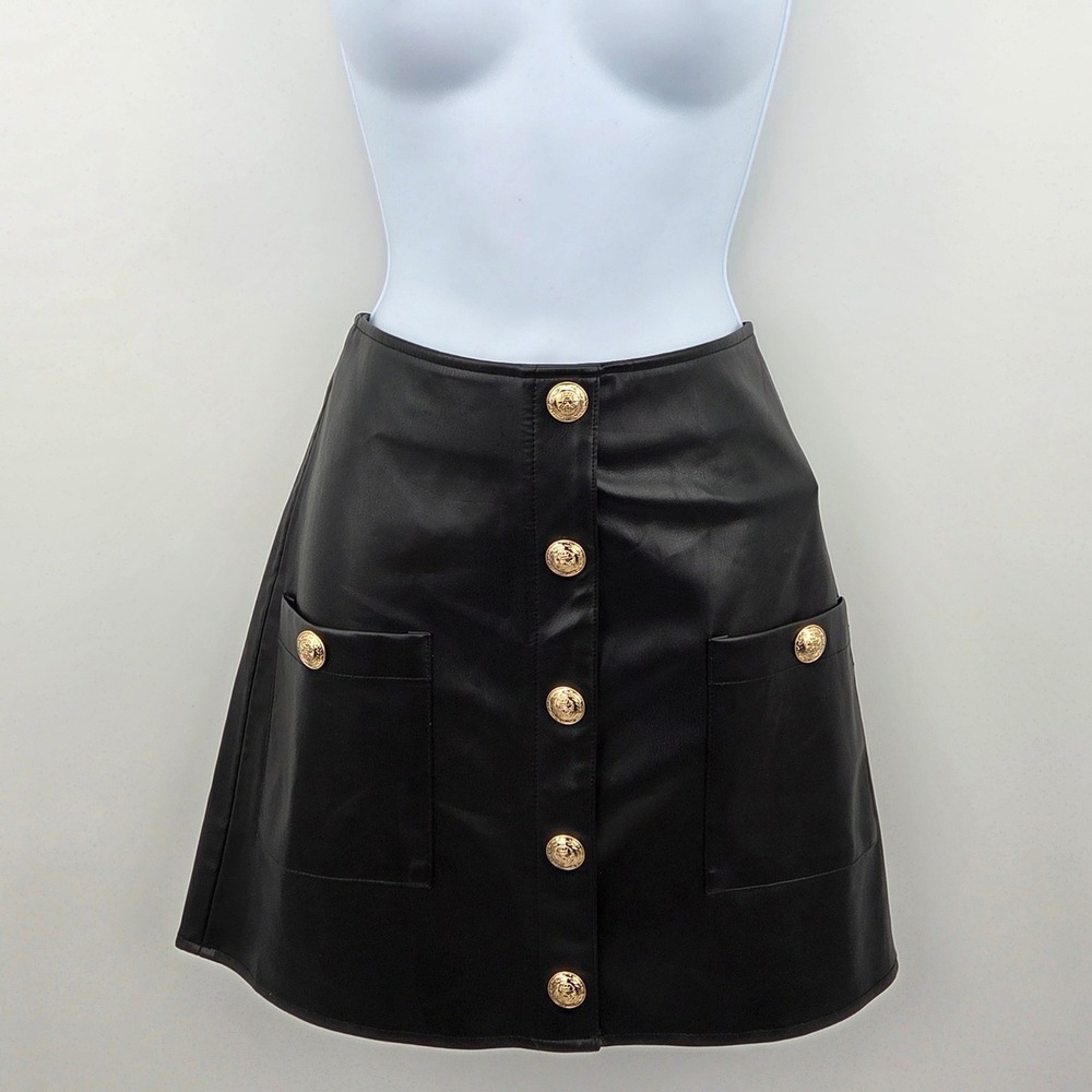 L'agence Truman Black Faux Leather Gold Button A-Line Mini Skirt Size 4 NWT